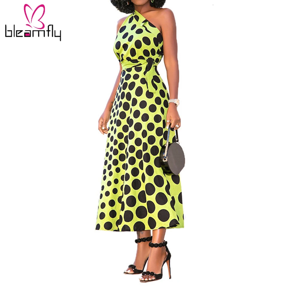 2019 женское летнее новое платье в горошек без рукавов с одним плечом длинное