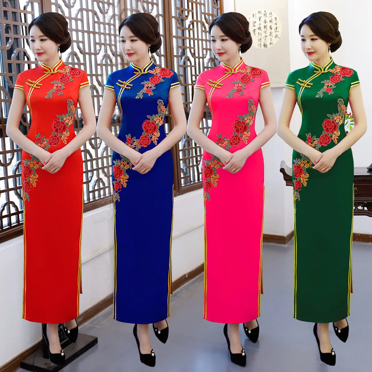 Красное Длинное Платье-Ципао в китайском стиле с коротким рукавом женские
