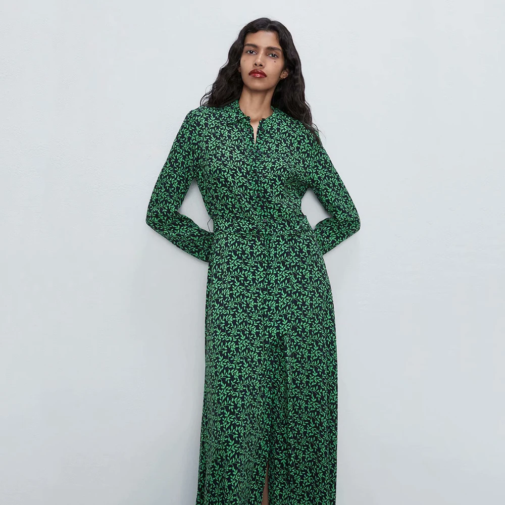 Женское длинное платье ZA зеленое ТРАПЕЦИЕВИДНОЕ ПЛАТЬЕ с воротником стойкой и