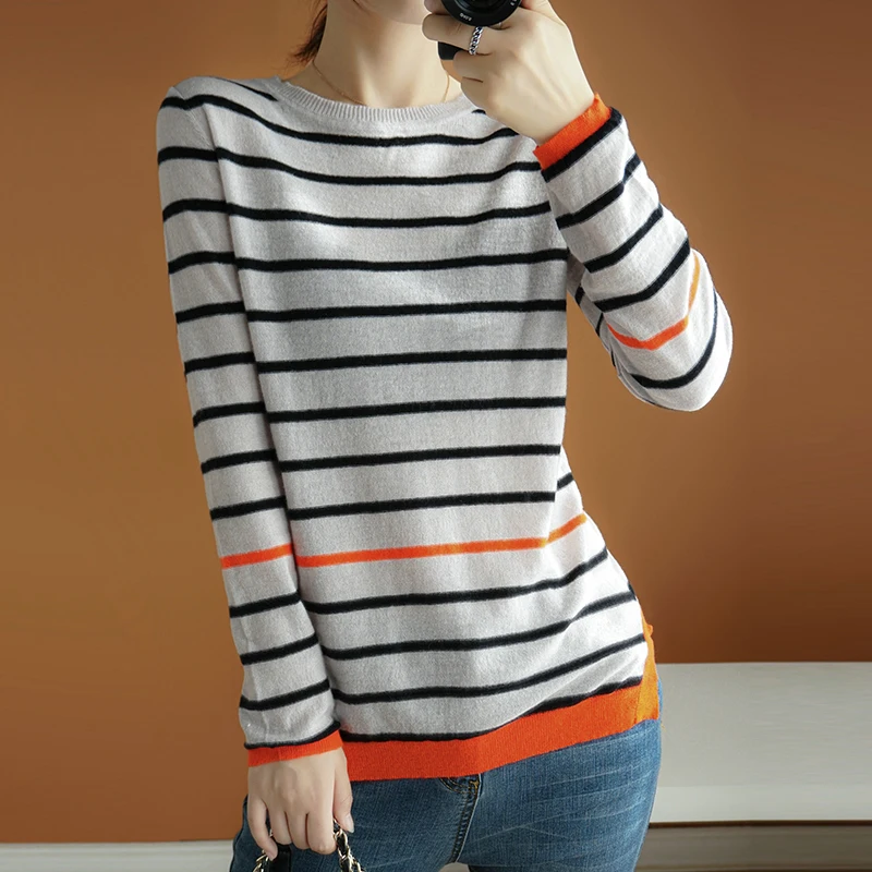 2019 New 100% Cashmere Wool Round Neck Loose Contrast Striped Knit Sweater Top Quality Women/Ladies O-neck Knitting Pullover | Женская