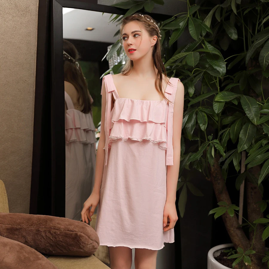 

Summer Sweet Girl Cotton Nightdress Women Sexy Spaghetti Strap Ruffles Mini Dress Lingerie Plus Size Loose Nightgown Sleepwear