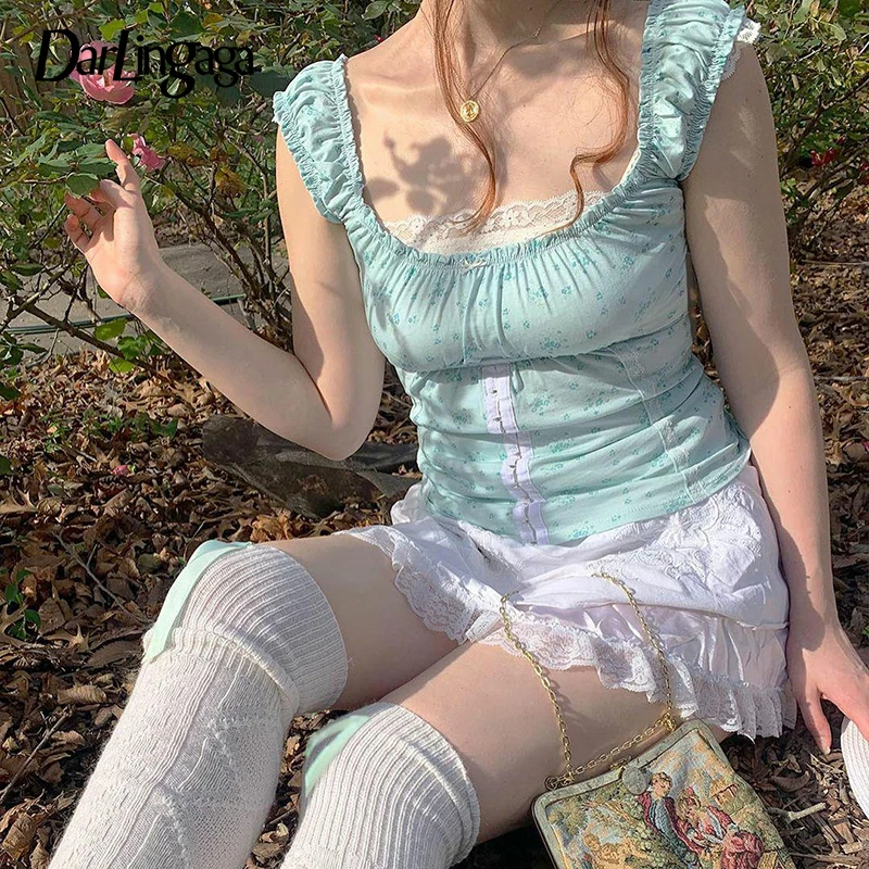 

Darlingaga Y2K Sweet Cute Frills Lace Patchwork Summer T-shirt Female Floral Print Hook Slim Crop Top Square Collar Korean Shirt