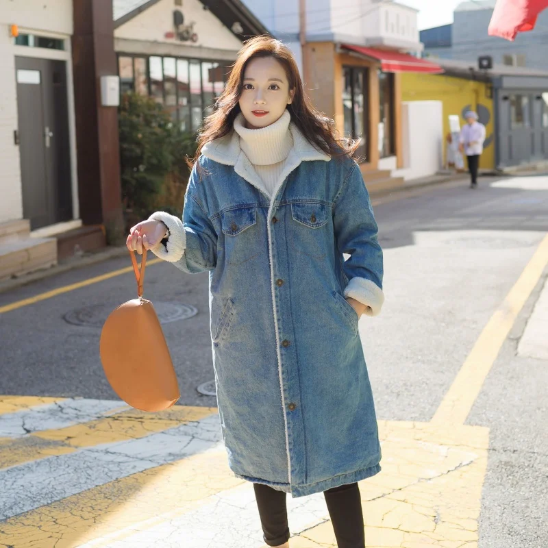 

Autumn Winter Korean Thickened Cowgirl Coat Women Plus Velvet Loose Lamb Wool Mid-length Denim Coat Winter Cotton Clothing E362