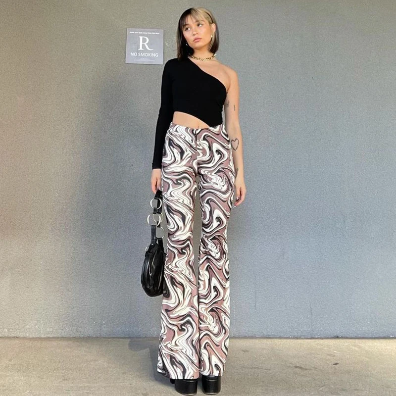 

Women Print Flare Pants Casual Streetwear Club Trousers New Fashion Vintage Female 2021 Summer Sweatpants Pants Pantalones Mujer