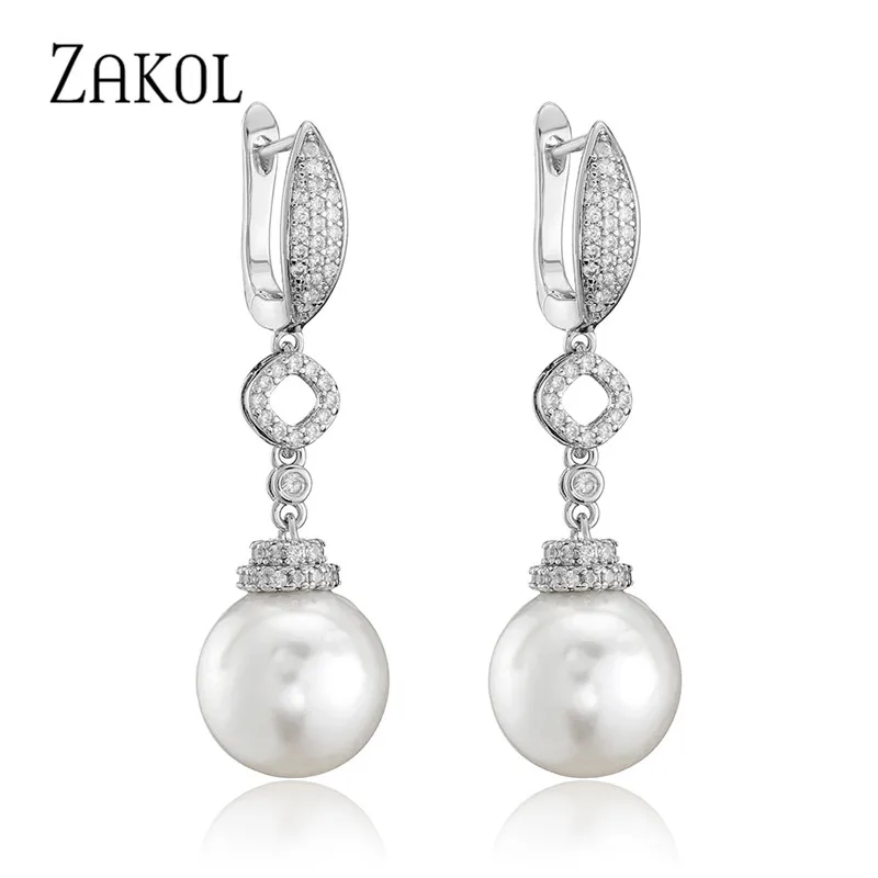 

ZAKOL New Luxury Temperament Drop Pearl Earrings AAA Cubic Zircon Bride Bridesmaid Wedding Jewelry Earring for Women Gifts