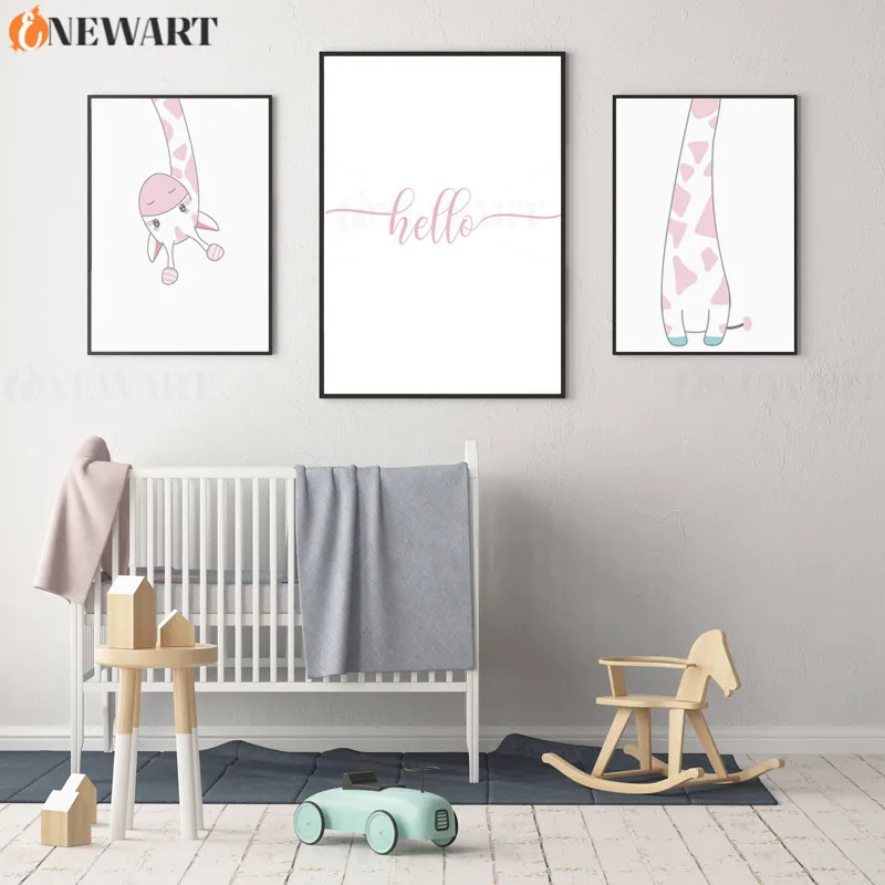 Розовый Жираф Печать Nodic Декор детской стены плакат дети Спальня украшение