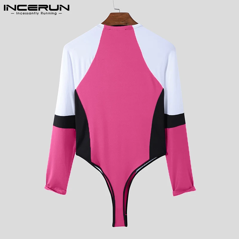 INCERUN Men Bodysuits Patchwork 2023 O-neck Long Sleeve Sexy Rompers Comfy Skinny Fashion Pajamas Men Bodysuit Homewear S-5XL 7