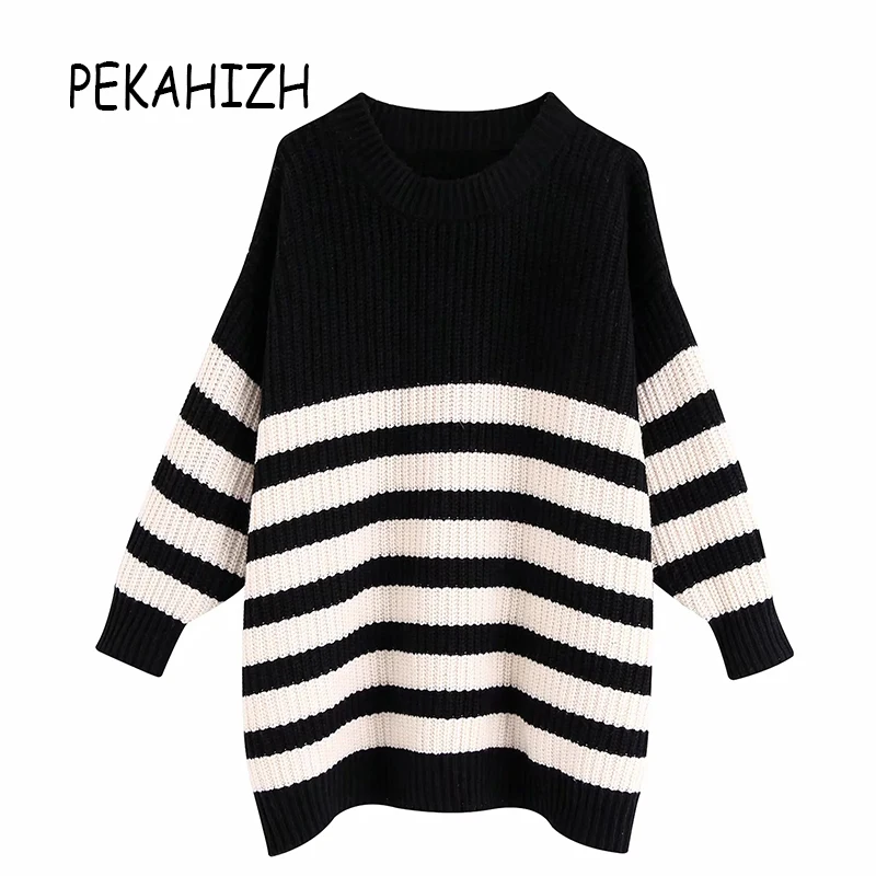 autumn long sleeve knitted Sweater women black white loose stripe winter Pullovers Casual Knitwear casual Clothing 2019 | Женская одежда
