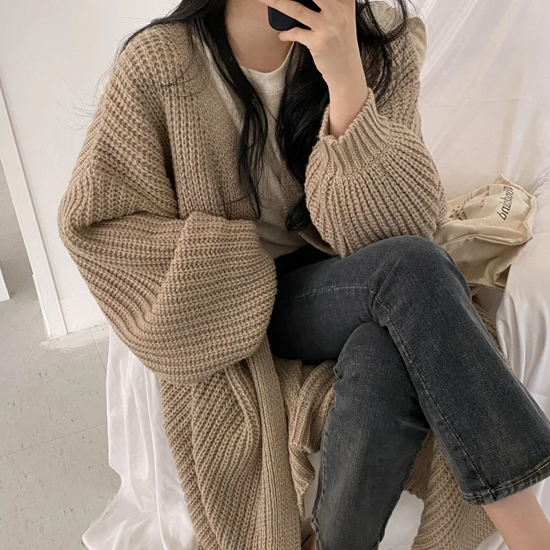 

Cardigan Women Long Casual Knitted Loose Sweater Coat Solid Vintage Oversized Sweater 2022 Fashion Korean Female Khaki Cardigans
