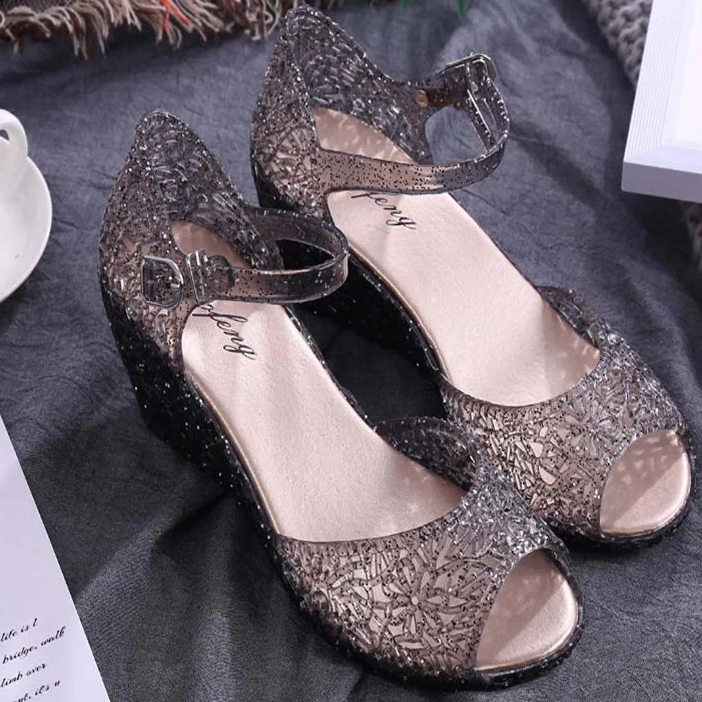 Сандалии желе женские прозрачные ажурные босоножки на танкетке из ПВХ