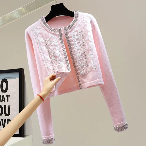 

Beads Diamond-Embedded Cardigan Women Long Sleeve Small Coat 2021 Autumn Korean Fashion Lace Short Sweater Coat Lady Chic Top