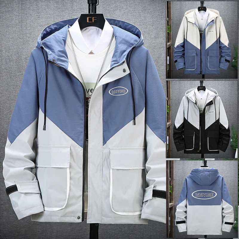 

Spring Autumn Hooded Jacket Men Casual Loose Patchwork Zipper Windbreaker Jacket Male Outwear Coat Streetwear Large Size M-5XL
