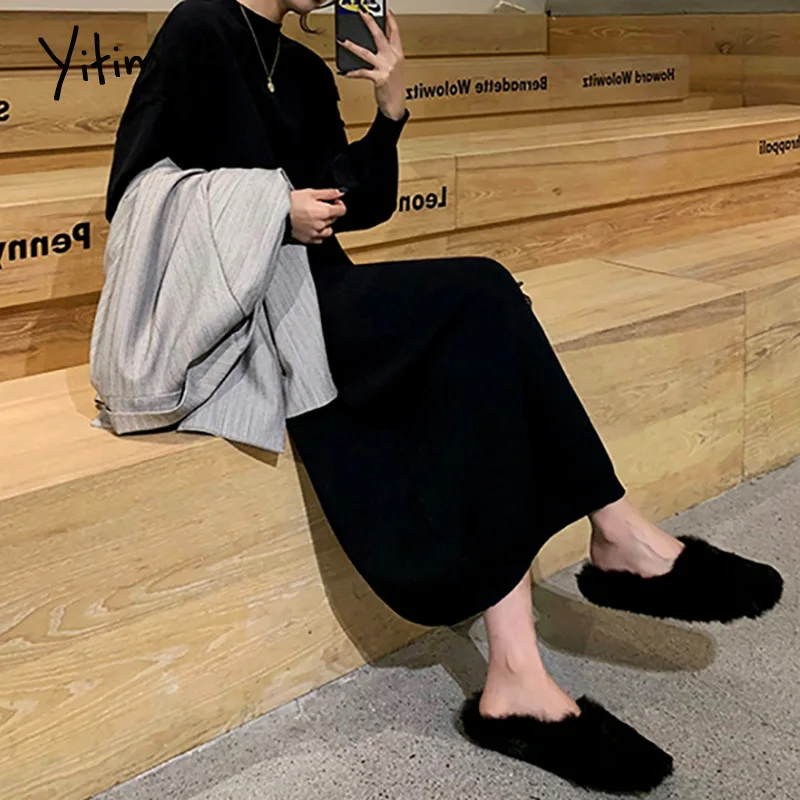 Yitimoky вязаные длинные платья для женщин осень зима 2021 новые корейские пуловеры с