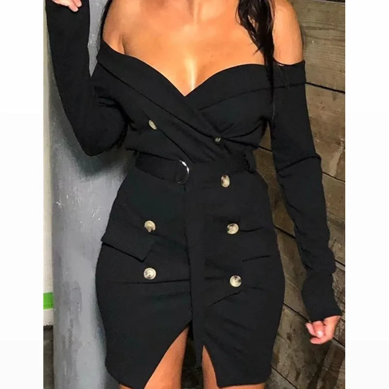 Женское сексуальное платье с длинным рукавом двубортные ремни однотонное