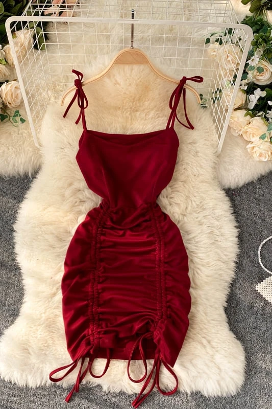 

ZQLZ Solid Color Strapless Bandage Dress High Waist Bodycon Spaghetti Strap Summer Dresses Women Party Club Shirring Vestidos