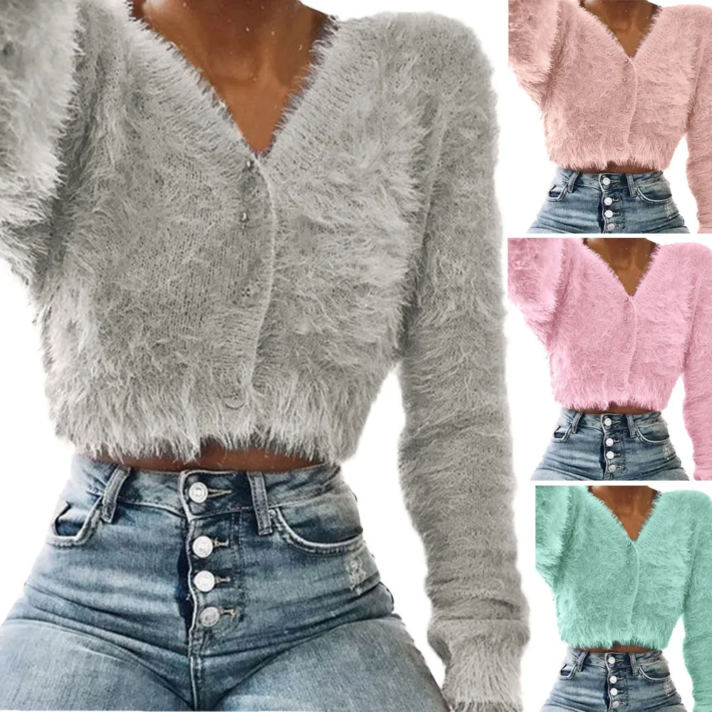 Solid cardigan womens sweaters korean crop sweater pink autumn tops long sleeve v neck short mohair fall |