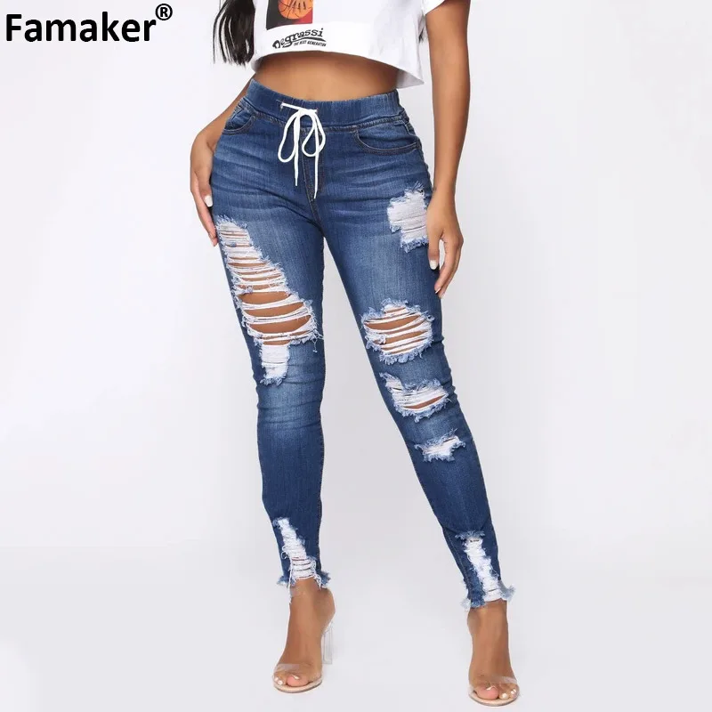 

Famaker Hole Jeans Women Denim Pencil Pants Streetwear Sexy y2k Mom Drawstring Jeans Vintage Trousers Femme Pantalones De Mujer