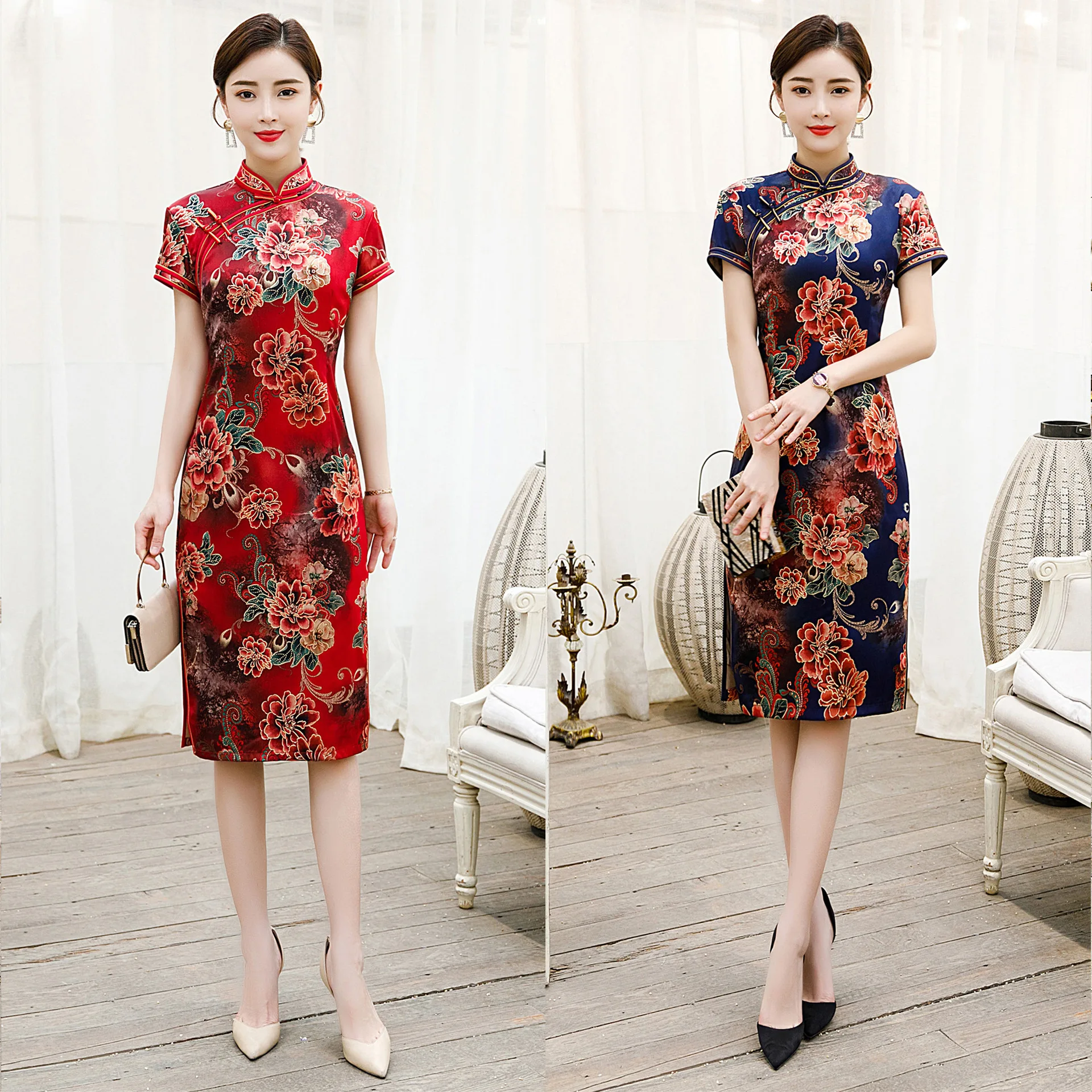 Новое платье Ципао 2 цвета 4XL 5XL плюс размер шелковое Короткие вечерние платья в