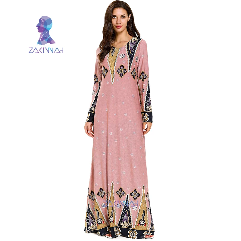 7710 размера плюс вязаное с длинным рукавом этнический принт мусульманское платье