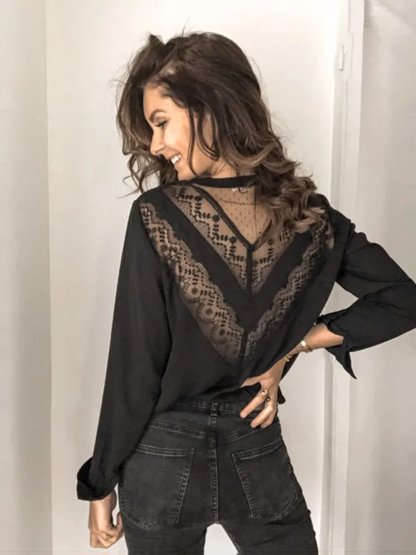 

2020 Women's Casual Long Sleeve V-Neck Hollow Out Loose Long Chiffon Blouse Ladies T-Shirt Top Shirt