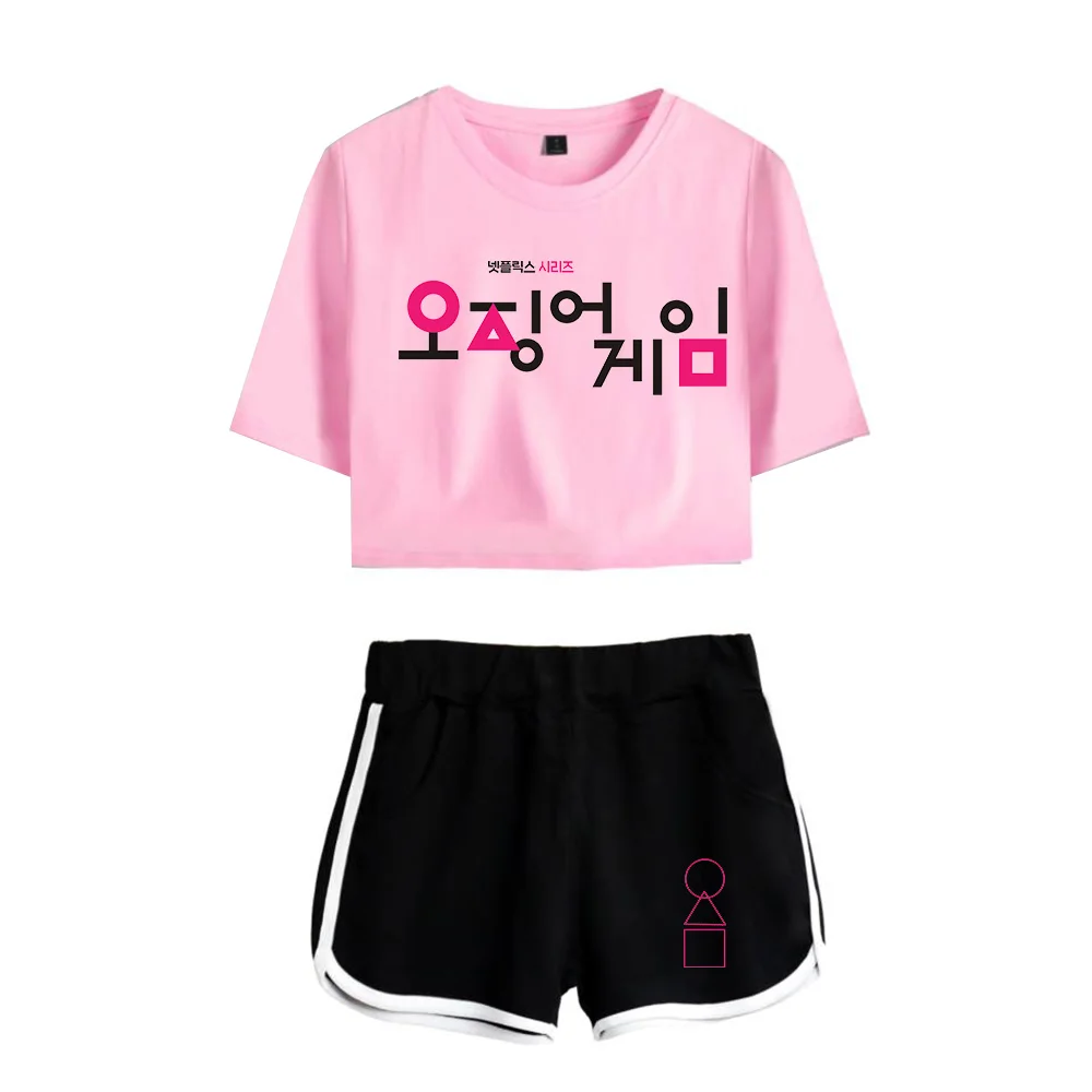 

Popular Squid Game Exposed Navel Pink T-shirt+Black Shorts Women's Two-piece Sets Casual Girl's Hot Sale Summer Suits Clothing