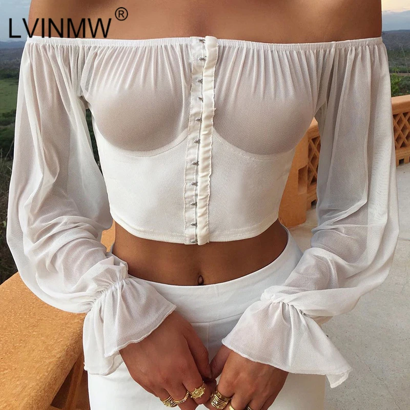 LVINMW сексуальный однобортный сетчатый укороченный топ с рукавом бабочкой из