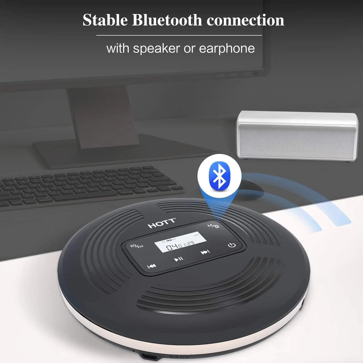 Портативный Перезаряжаемый CD плеер HOTT Bluetooth 5 0 с FM передатчиком сенсорной кнопкой