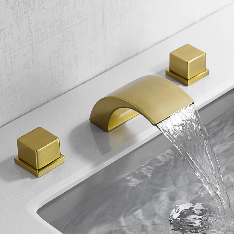 

Basin Mixer Waterfall Faucets Brushed Gold Brass Bathroom Sink Faucet Double Handle 3 Hole Antique Bathbasin Counter Mixer Taps