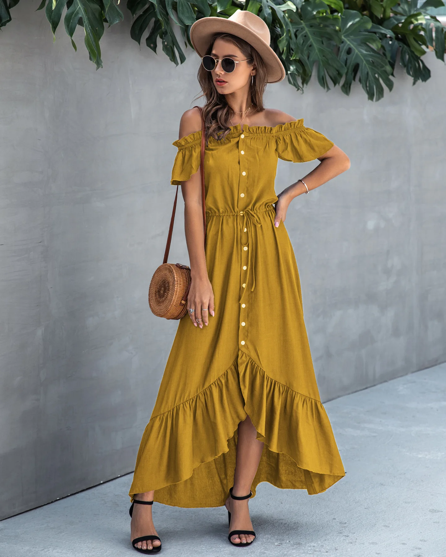 

Off shoulder women irregular button long dress