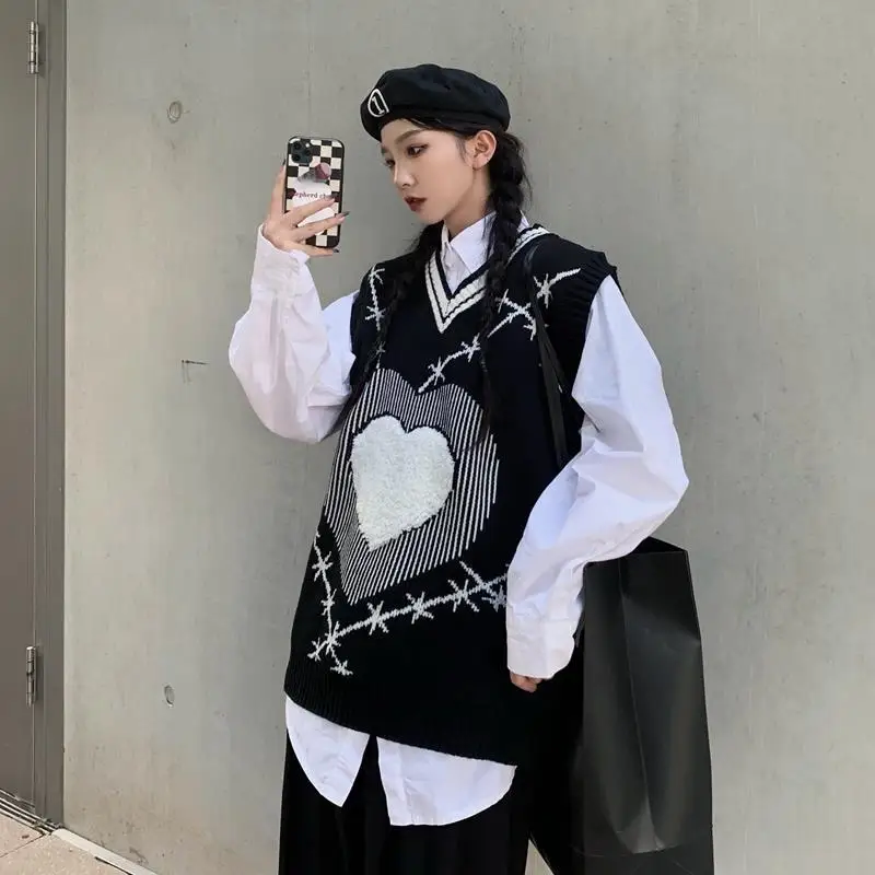 Женский жаккардовый жилет с сердцем без рукавов Свободный Повседневный