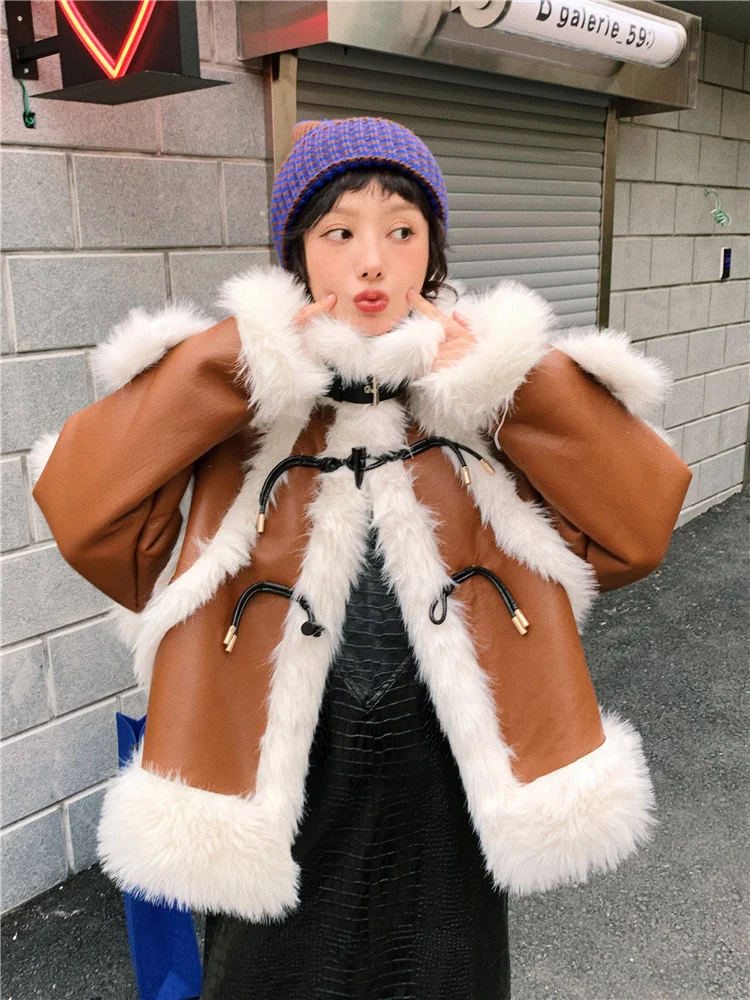 

French Splicing Contrast Color Stand Collar Ox Horn Buckle Imitation Fur One.piece Coat