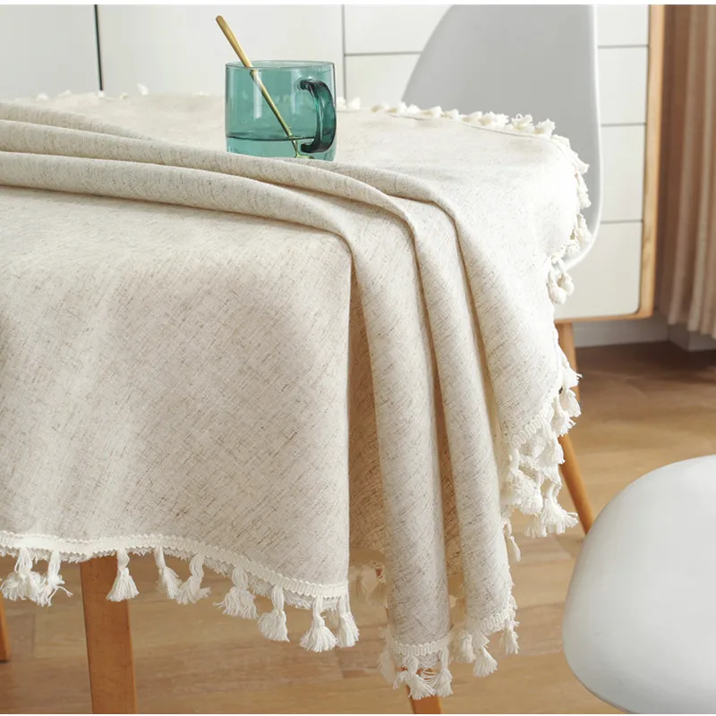 

Linen Cotton Tassel Table Cloth Round Tablecloth For Wedding Party Solid Color Dustproof Table Covers Home Textile Desk Cloth