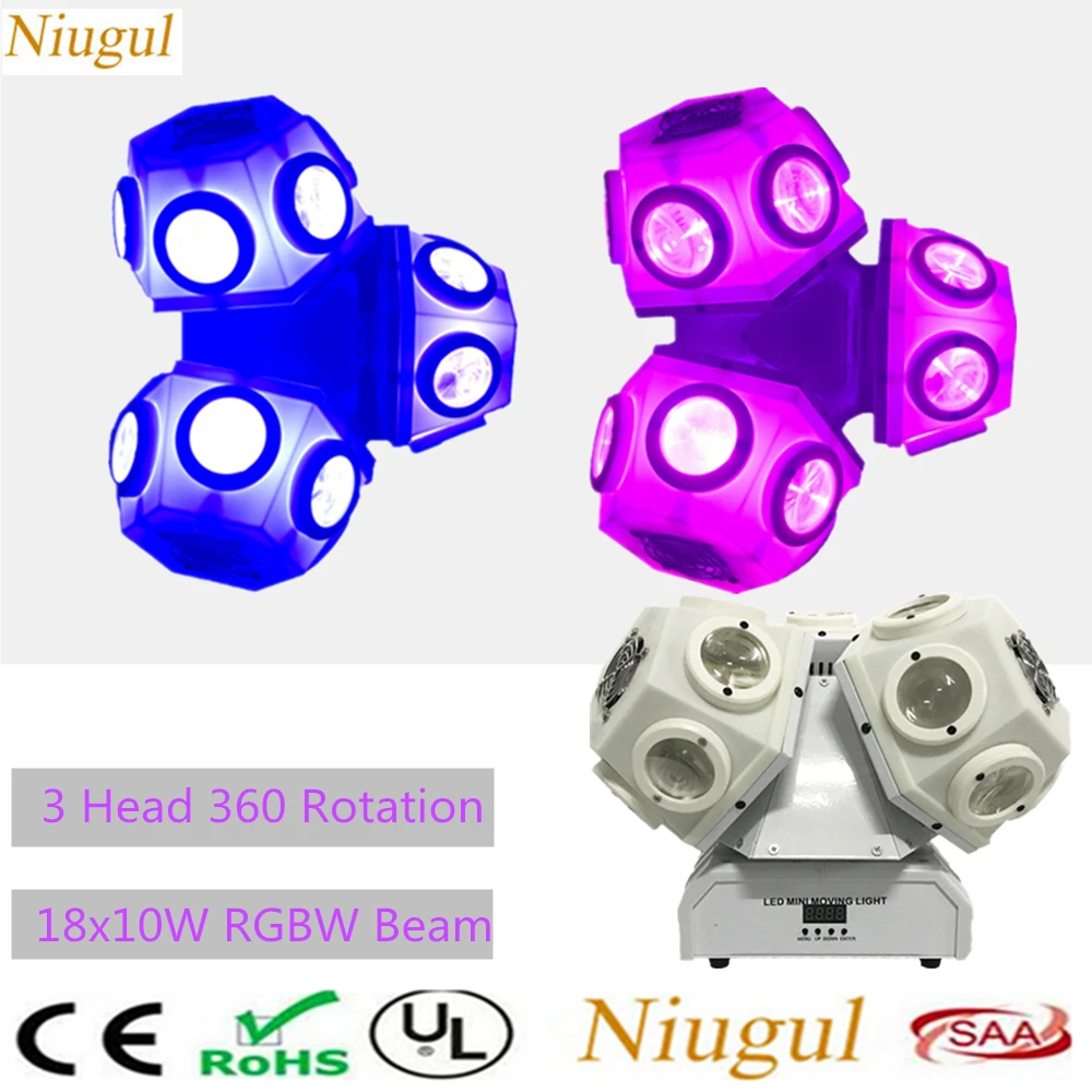 

Трехголовочный лучевой светильник, 18x10 Вт, 2 шт./лот, вращение на 360 градусов, DMX светодиодный подвижный головной светильник для футбола, DJ /Bar/вечерние/Show /Stage Lights