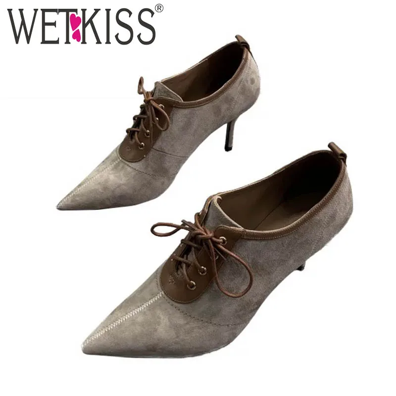 WETKISS/туфли-лодочки на высоком каблуке женские туфли-лодочки с прошивкой женские туфли с острым носком женская обувь для вечеринок на шнуровке весенняя обувь Большие размеры 45