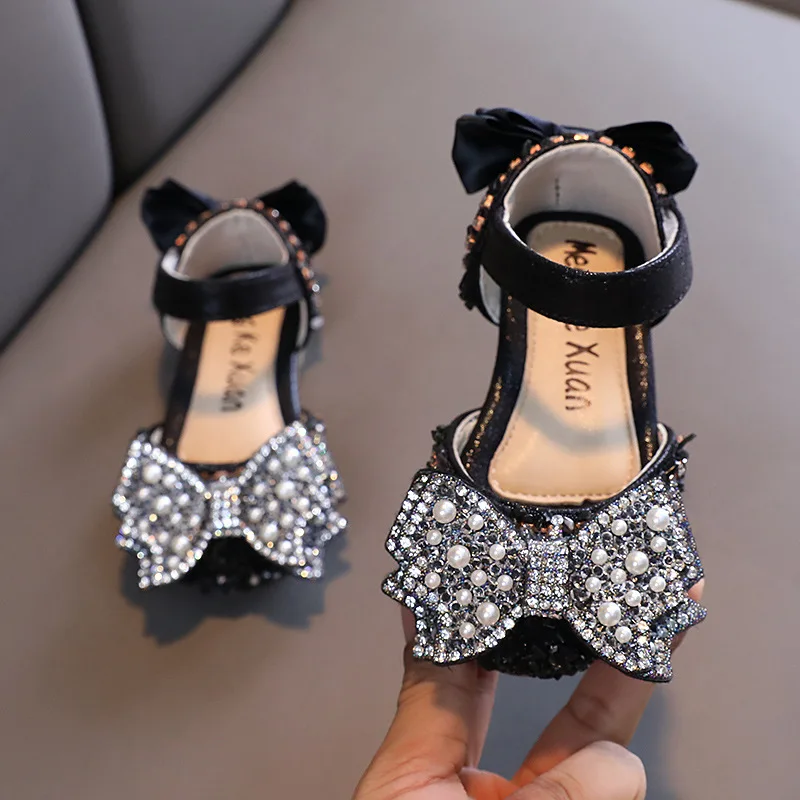 Детские сандалии со стразами, новинка, модная обувь принцессы с бантом для девочек, детские сандалии с блестками для свадебных представлений G356