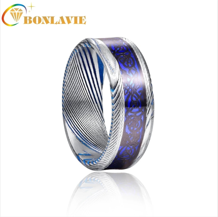 

BONLAVIE 8mm Damascus Steel Inlaid Dragon Pattern Blue Opal Paper Bottom Tungsten Steel Ring