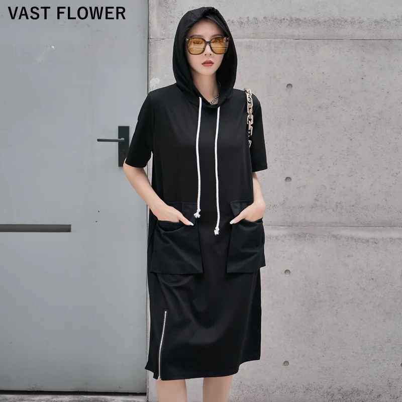 

Zipper Pocket Black Vintage Hooded Dress Women New Short Sleeve Loose Casual Summer Dress Elegant Vestidos Fashion Clothes 2021