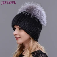 hot sale fashion winter warm women knitting caps mink hats vertical weaving with fox fur on the top skiing cap