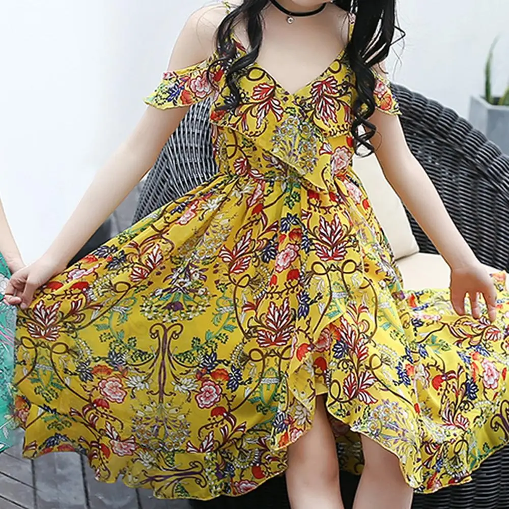 

Summer New Fashion Kids Teen Children Girls Floral Ruffles Off Shoulder Bohemia Beach Dress Clothes Wholesale Free Ship Z4