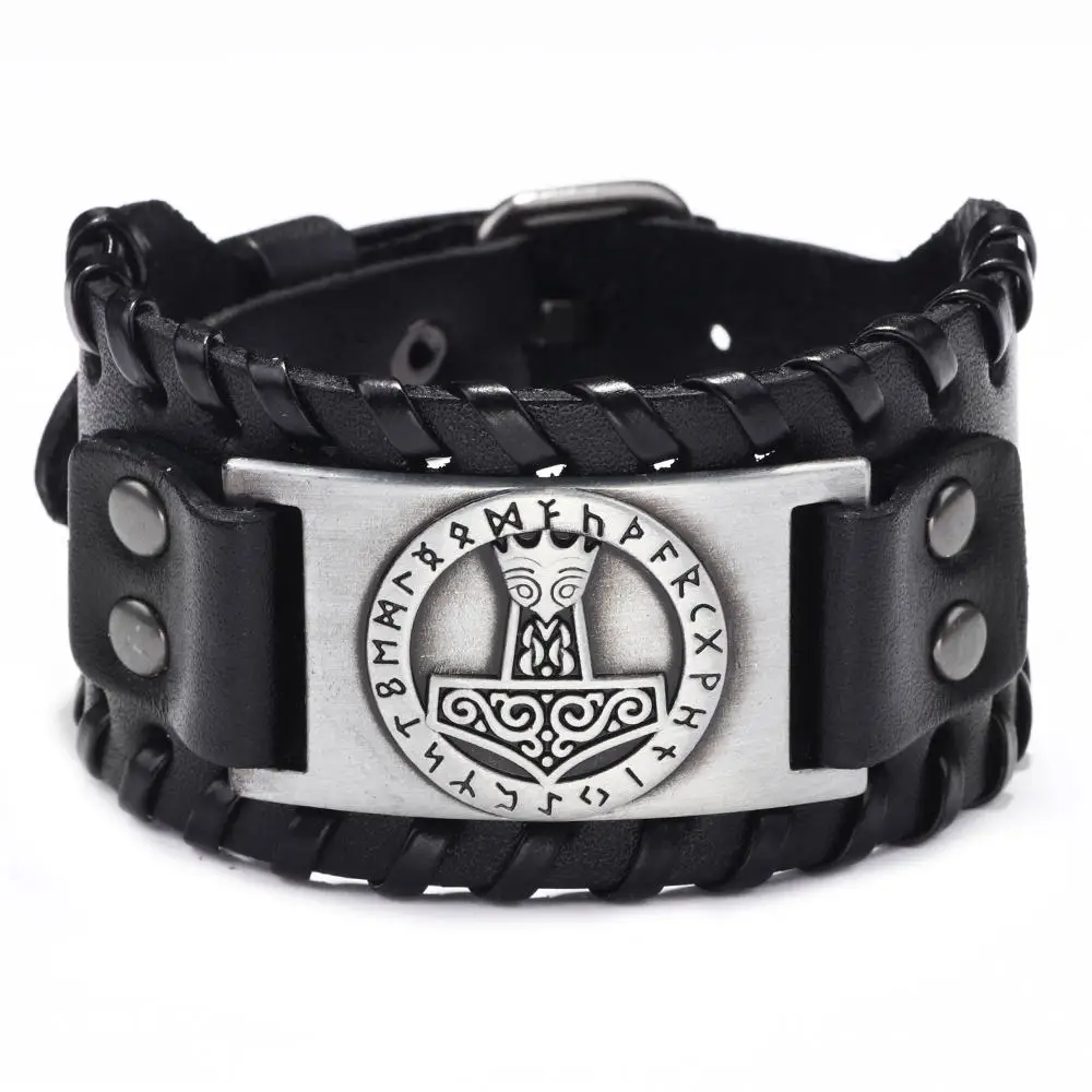 QNW2602 Silver Браслет-манжета из натуральной кожи с регулируемой металлической пряжкой Viking Compass Vegvisir для женщин и мужчин - Окраска металла: QNW2602 Silver