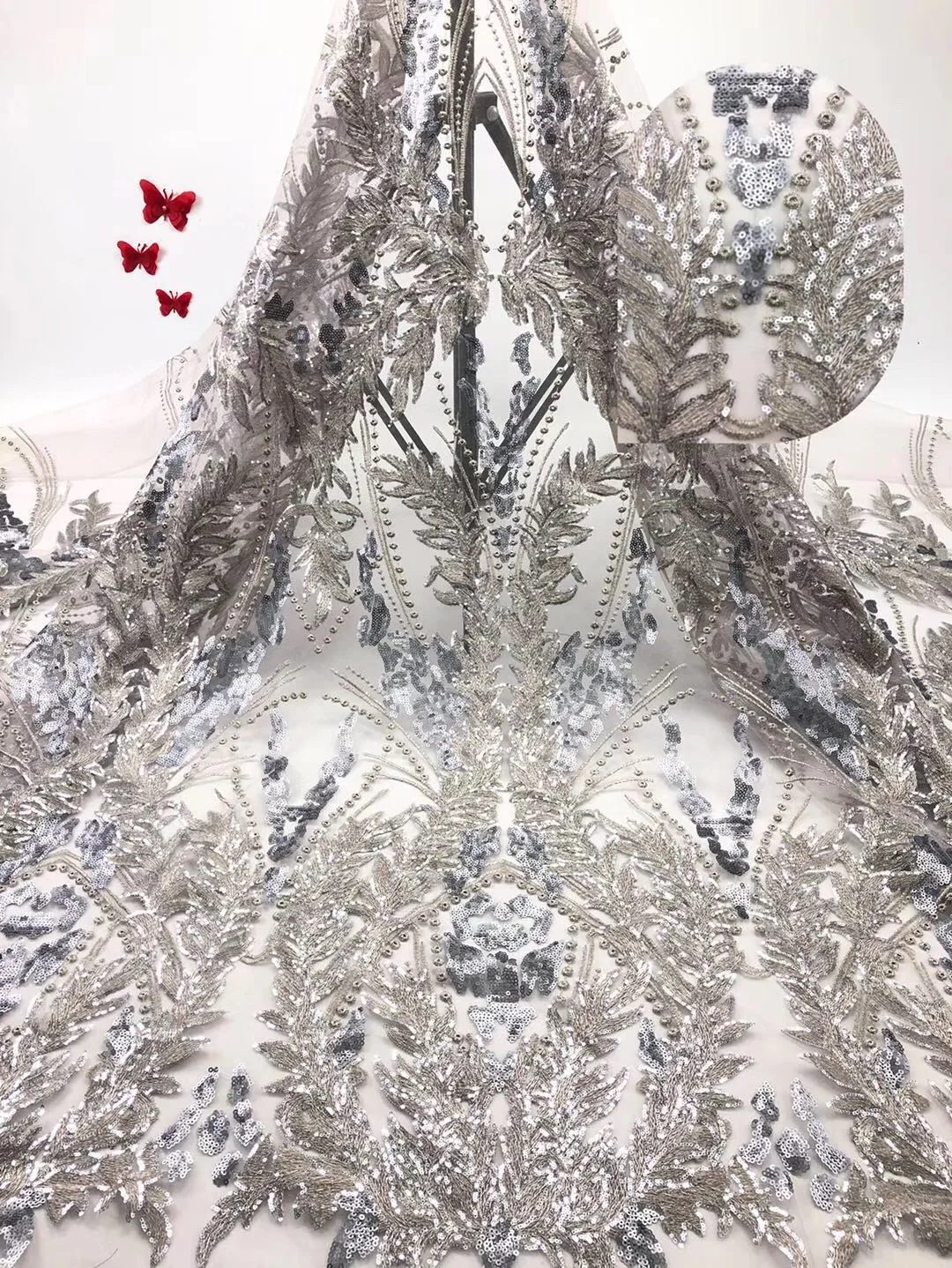 

New Soft African Milk Silk Lace Fabric 2019 High Quality White+Red French Net Lace Fabric With Stones For Wedding Dress