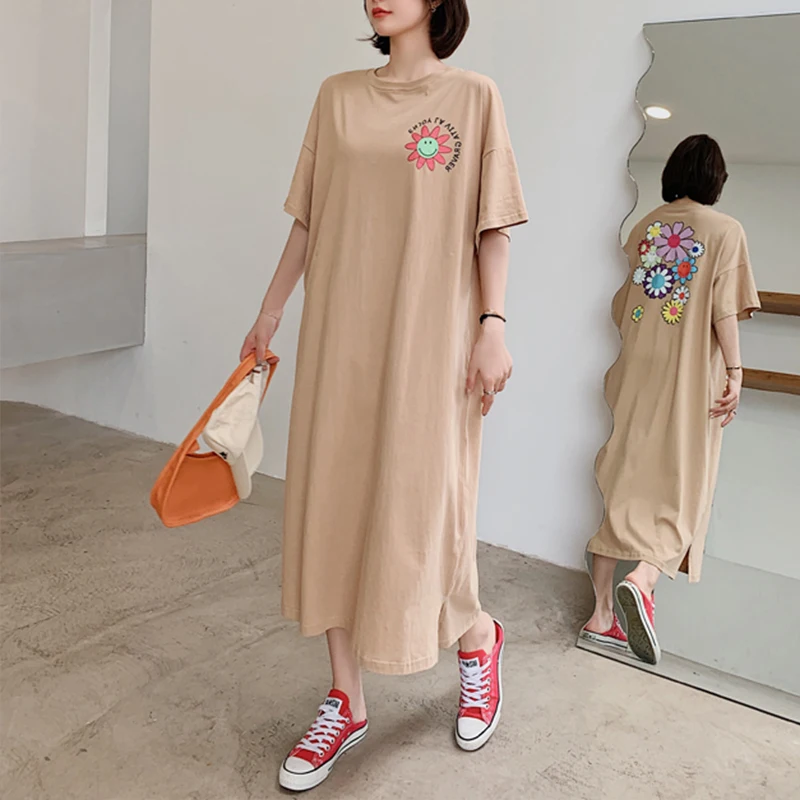 

Summer Women T-Shirt Dress Short Sleeve o Neck Flowers Print Dress Black Khaki Long Dress Plus Size Robe Femme