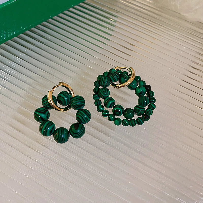 

2021 New Senior Green Asymmetric Beads Drop Earrings Metal Vintage Style Geometric Women Dangle Earrings Jewelry
