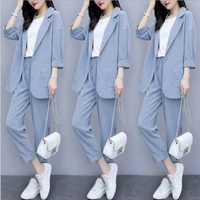 womens autumn casual suits blue yellow beige linen pant suits for women 2 two pieces blazer and trouser sets summer sheer outfit
