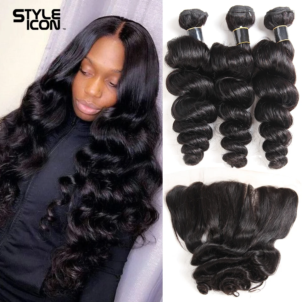 Brazilian Hair Weave Bundles With Frontal 13*4 Ear To Ear Closure Loose Wave Bundles With Frontal 8-30Inch 100% Non Remy Frontal