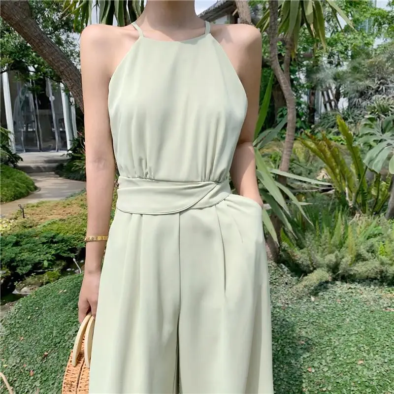 

Women Summer New Green Jumpsuits Sleeveless High Waist Wide Leg Pants Loose Casual Elegant Long pants