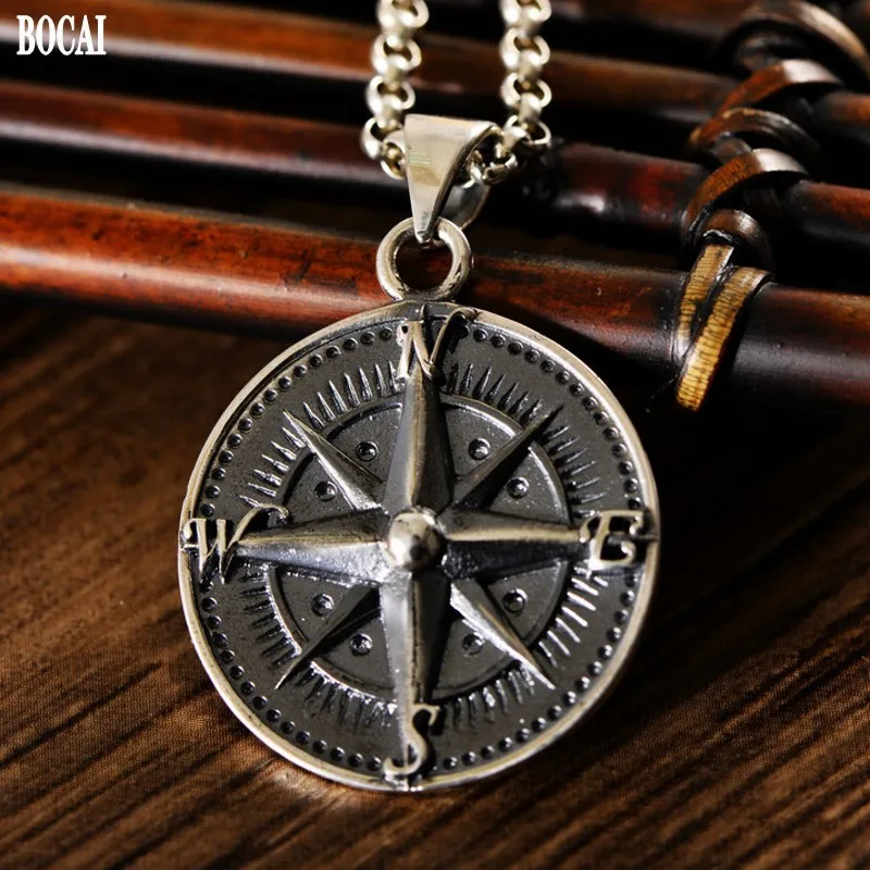 

BOCAI 2021 Fashion New Real S925 Silver Retro Distressed Round Compass Pendant Exquisite Fashion Personality Man Pendant