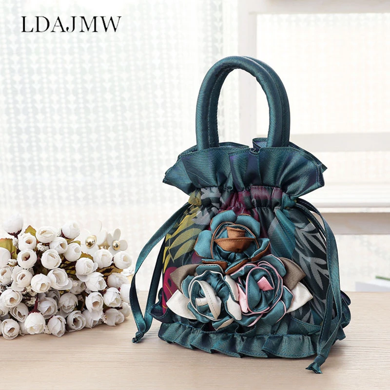 

Mobile Lace Ethnic Style Bucket Cloth Bag Korean Version Of Solid Color Women's Handbags Dinner Bag Wrist Bags