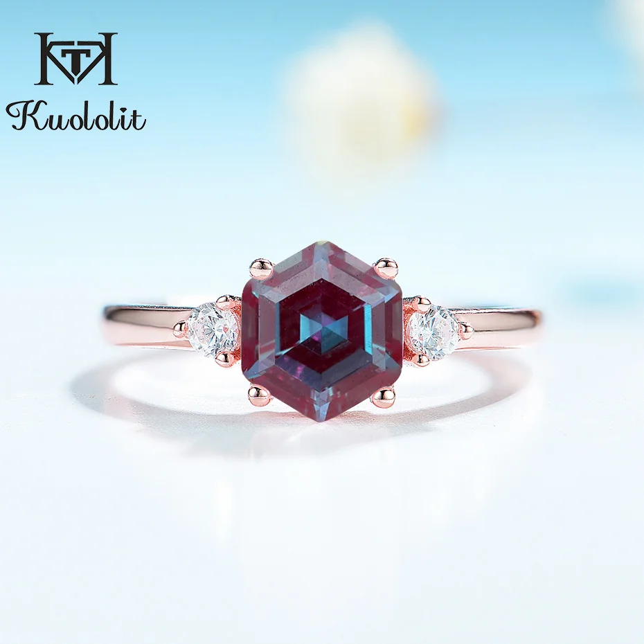 

Kuololit 2CT lab grown Alexandrite Gemstone Ring for Women 925 Sterling Silver 585 rose gold hexagon Luxury Ring Fine jewerely