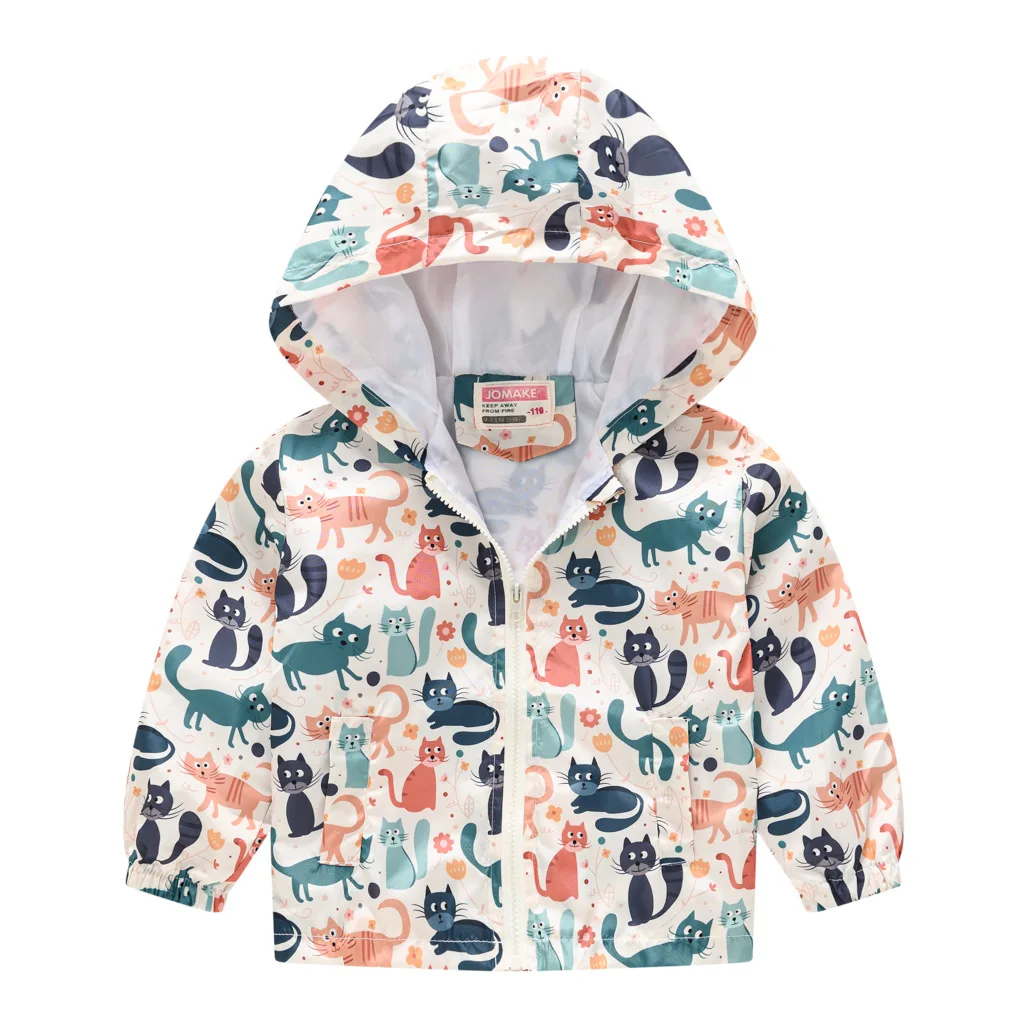 Kids Baby Boys Girls Clothes Windbreaker Cartoon Print Casual Sport Jacket Zipper Hooded With Pockets Infant Outdoor Wear